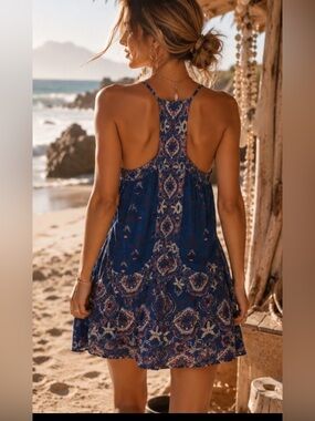 Ecote Blue Boho Floral Border Print Racerback Midi Dress Size Large